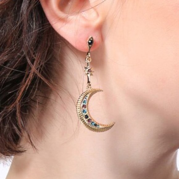 Multi Colors Gold Moon and Star Earrings - Picture 3 of 4